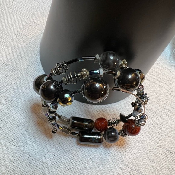 Black Agate Stretch ~Artisan Spring Wrap Bracelet with Metal Charm Accents - Picture 3 of 6
